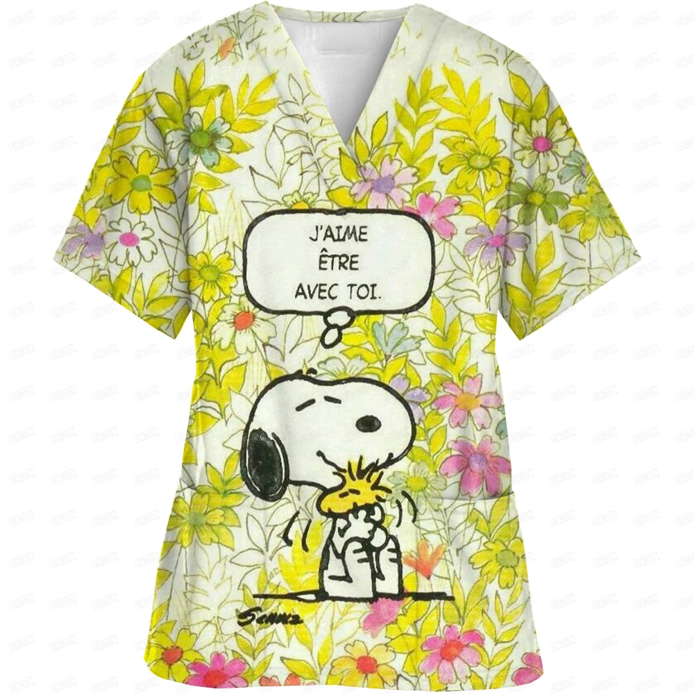 Униформа медсестры Snoopy с мультяшным принтом и V-образным вырезом карманы скрабы