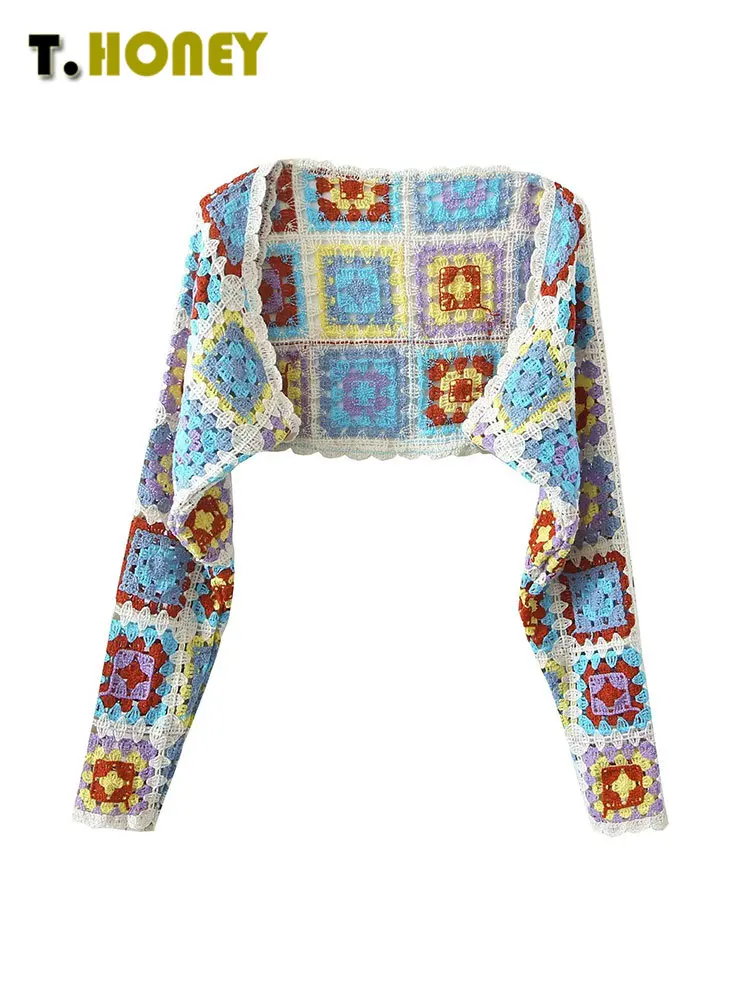 

TELLHONEY Women Fashion Vintage Holiday Wind Knit Cardigans Sweater Female National Patchwork Outwear Plaid Long Sleeves Coat