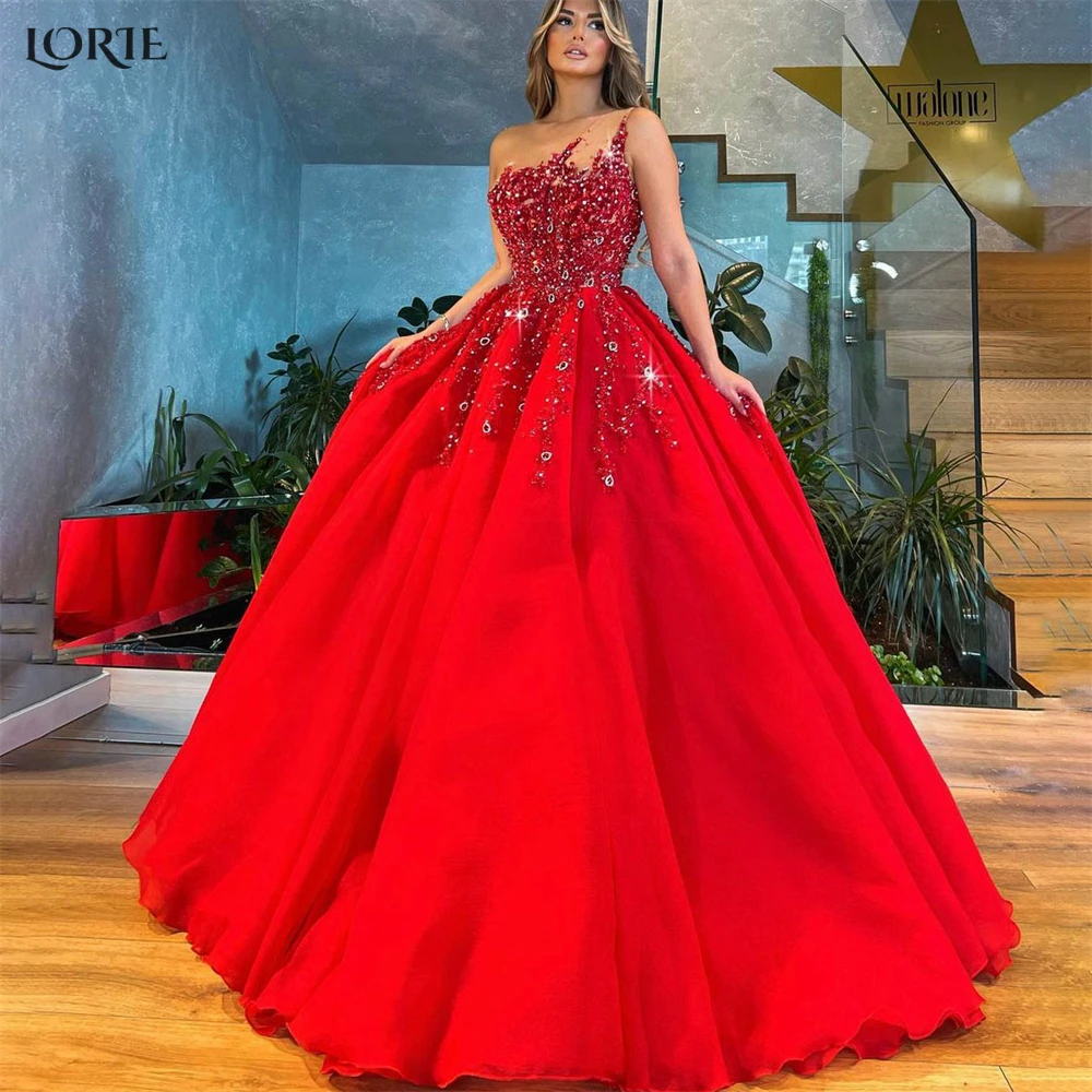 

LORIE Red Beaded Princess Formal Prom Dresses Puffy Glitter Dubai A-Line Evening Dress Saudi Arabia Shiny Pageant Party Gowns