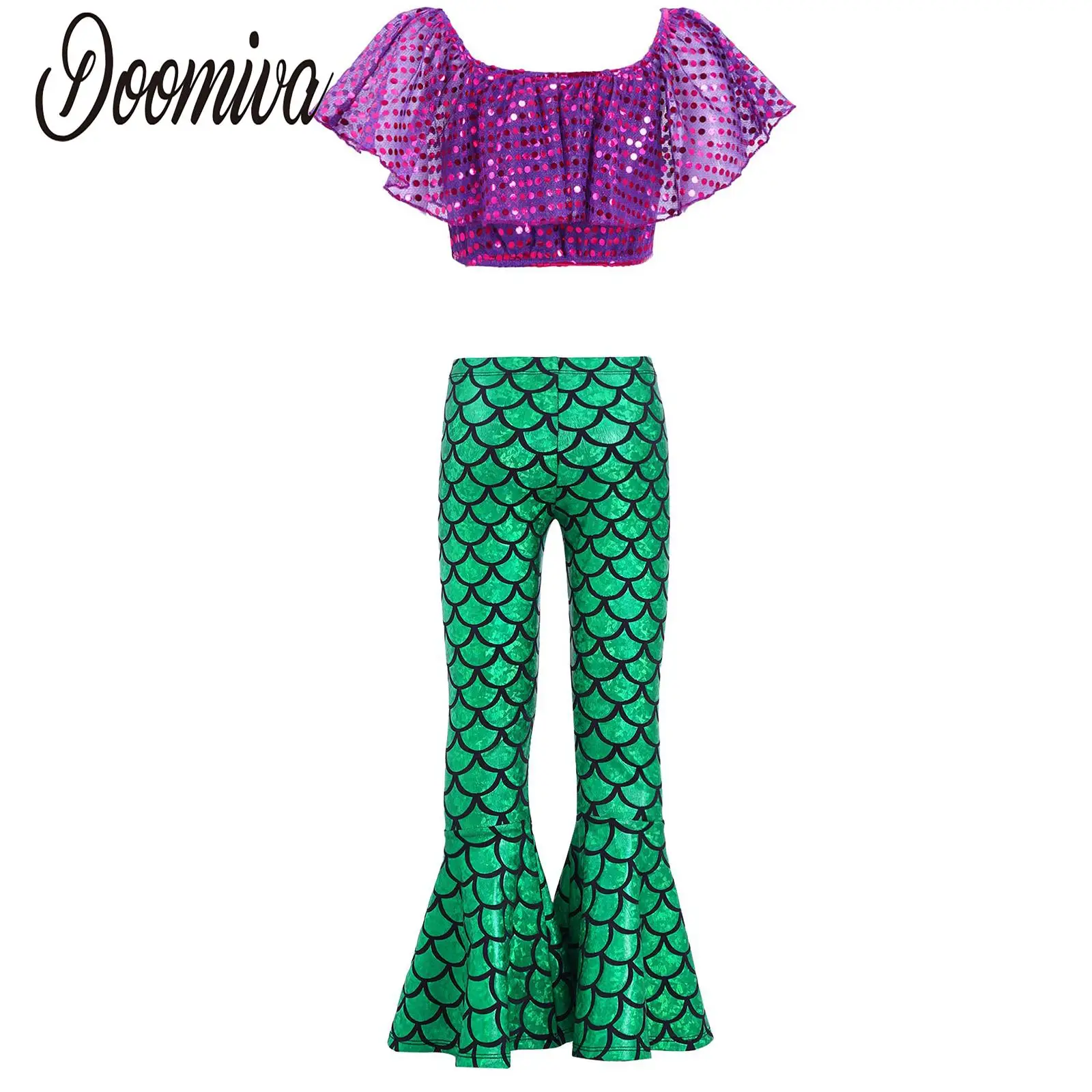 

Детский костюм принцессы русалки для девочек, блестящий кроп-топ с блестками и принтом в виде рыбьей чешуи, расклешенные брюки, одежда для р...