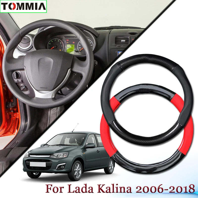 

15inch Black Carbon Fiber Anti-Slip Leather Car Steering Wheel Cover For Lada Kalina Car Interior Accessories