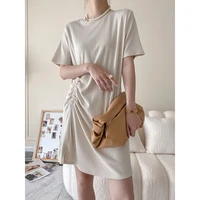 2022 summer woman korean fashion dress y2k solid body shaping middle sleeve fold maturity dresses party female vintage dress