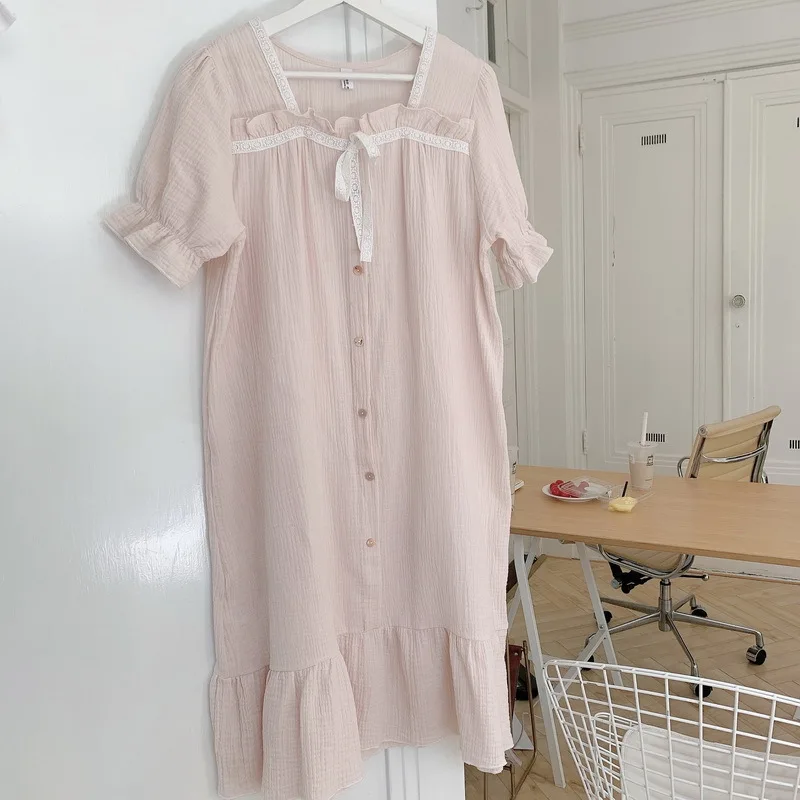 Pajamas Nightdress for Women Cotton Korean Style Home Clothes Lace Decorative Bow Maxi Dress Vestidos Woman Nightgown Sleepwear