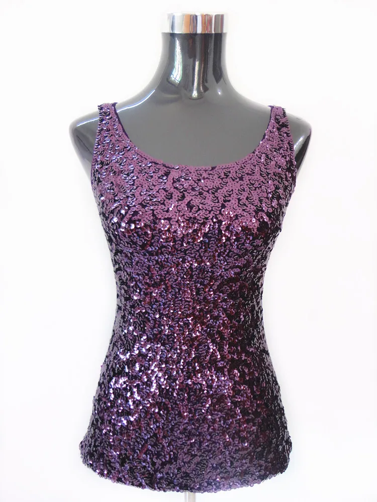 

2022 New Women Sequined Spaghetti Camisole Tank Tops Summer Clubwear Tops Sexy Round Neck Sequin Camis Vest Tops Purple
