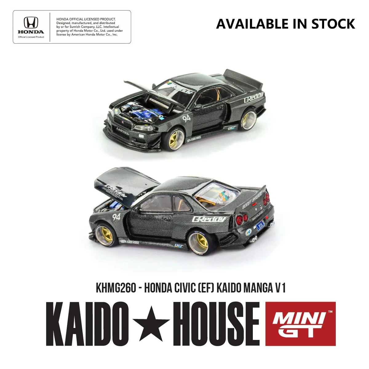 Фото Миниатюрная модель автомобиля Mini GT x Kaido House 1:64 Nissan Skyline GT-R R34 Kaido Works Greddy V2 из полностью карбонового сплава # KHMG222 В наличии №1