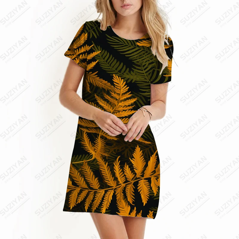 

Leaves 3D Printed Dress Summer New Fashion Elegant Dress Women's Loose Casual Short-sleeved Dress Home Daily Comfortable Dress