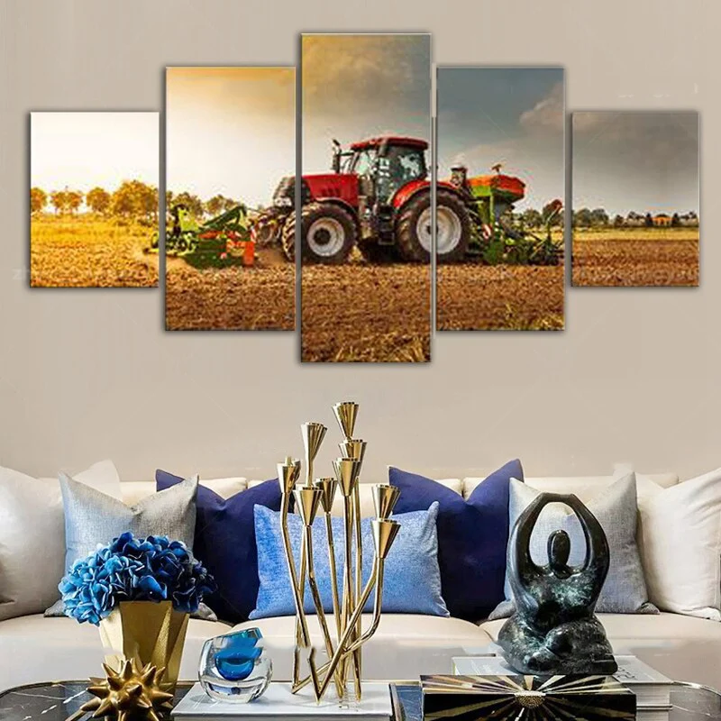 

5 Pieces Wall Art Canvas Artwork Red Tractor Harvester On Farm Picture Print Home Decor HD Poster Painting Living Room Framework