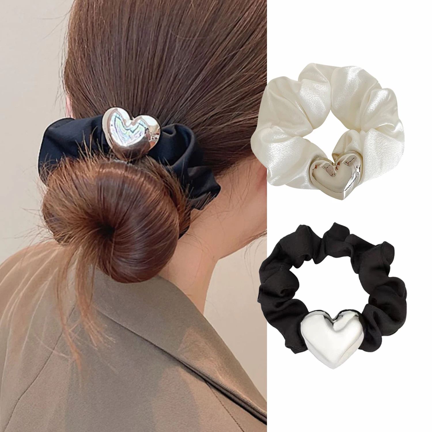 

Шелковая повязка на голову, корейские Металлические эластичные резинки для волос в форме сердца, элегантные повязки для конского хвоста, резинки для волос, аксессуары для волос для женщин