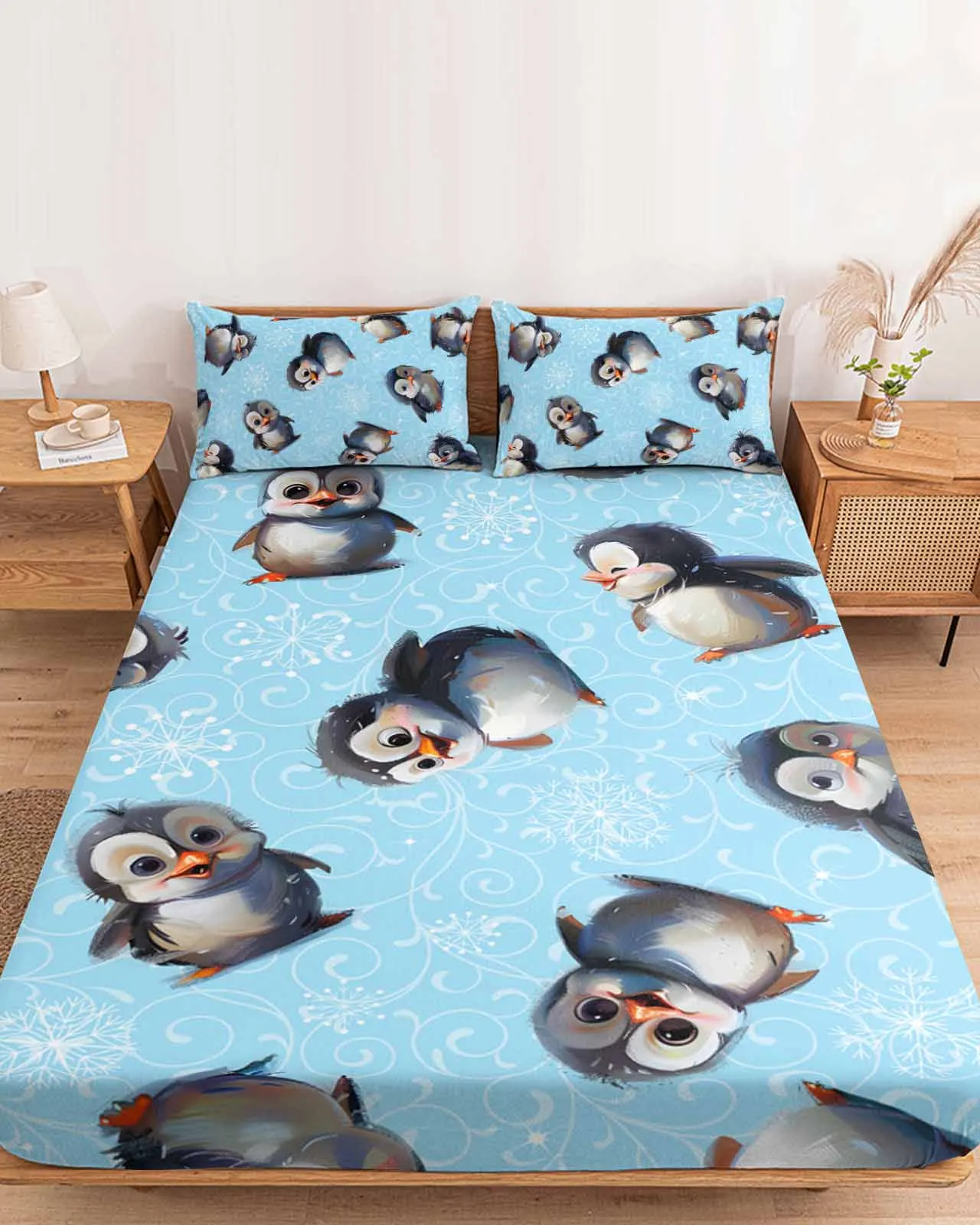 Рождественская текстура пингвин снежинка синяя простыня из полиэстера