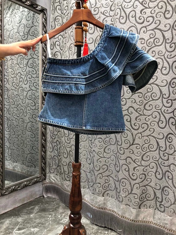 

2022 new women fashion short-sleeved ruffled off-shoulder slant-shoulder short denim top 610