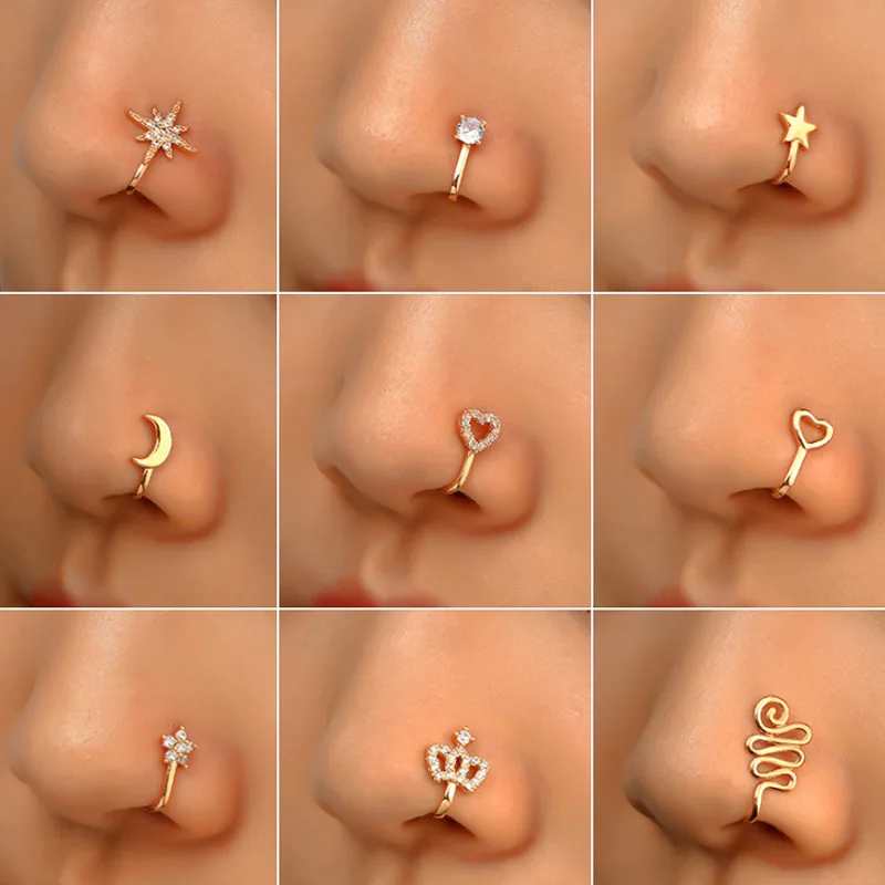 

Медное кольцо для имитации пирсинга носа, 1 шт., сердце, звезда, корона, клипса для носа, уха, клипса, манжета, серьги для женщин, девушек, подарок, бижутерия для тела