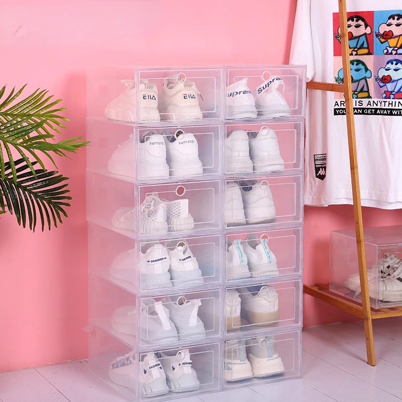 

6pcs/Set Fold Plastic Shoes Case Thickened Transparent Drawer Case Plastic Shoe Boxes Stackable Box Shoe Organizer Shoebox