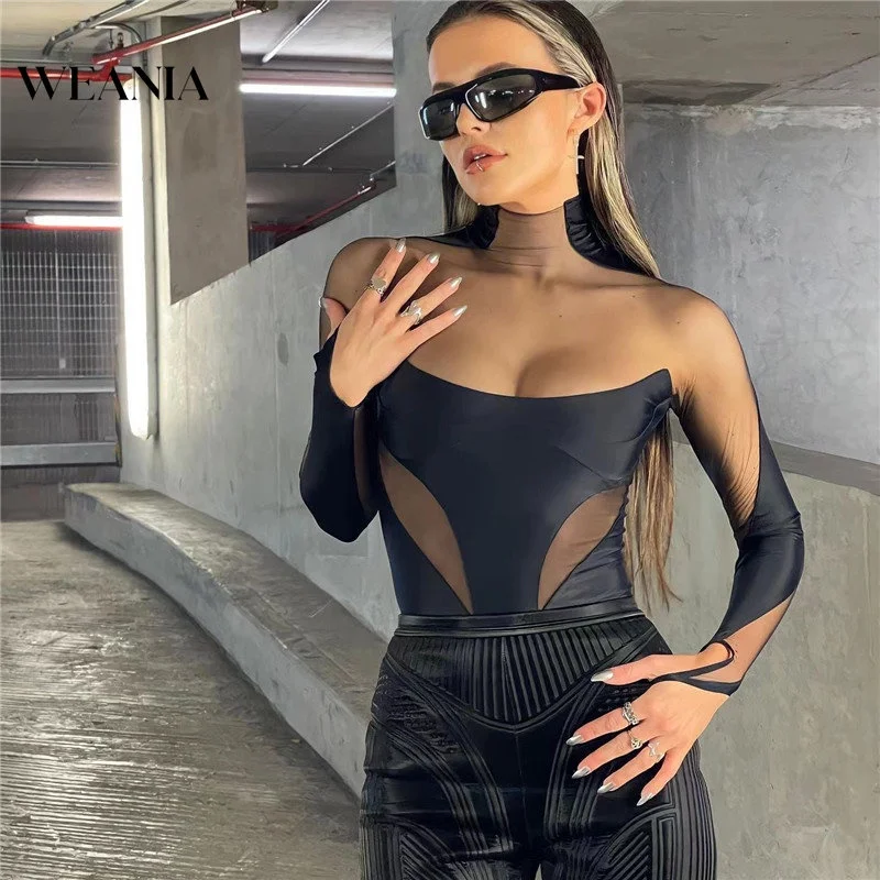 

Women's Sexy Mesh Spliced Perspective Long Sleeve Bodysuit