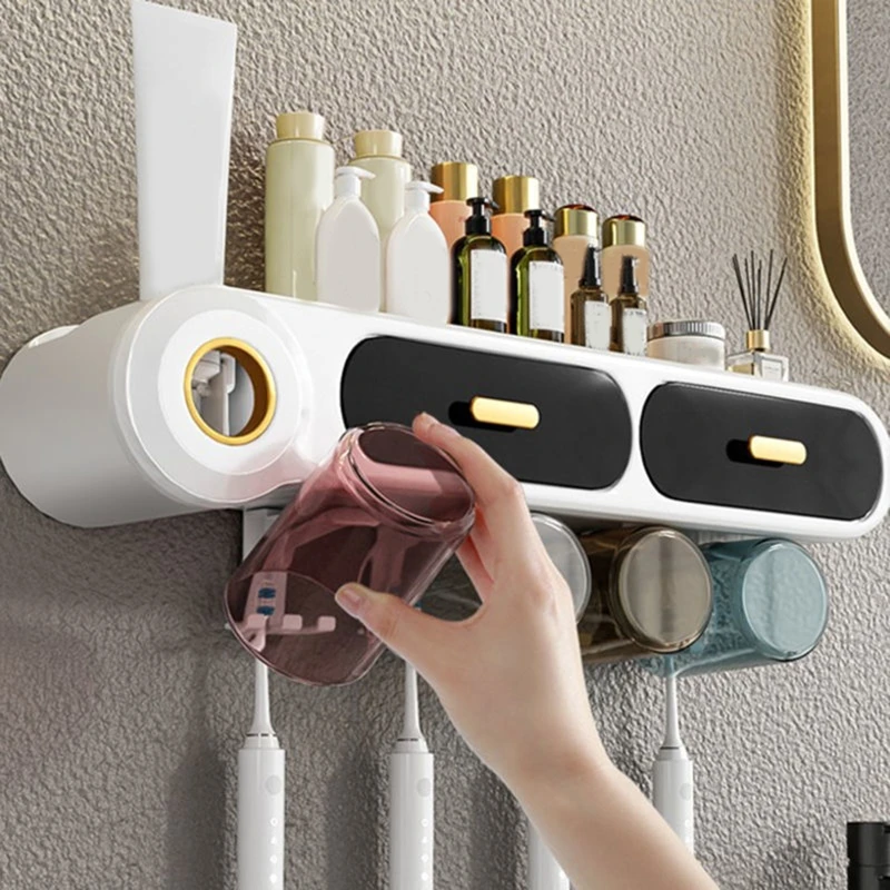 

Wall Mounted Automatic Toothpaste Squeezer Dispenser Toothbrush Mouthwash Cup Holder Set Toothbrush Storage Rack