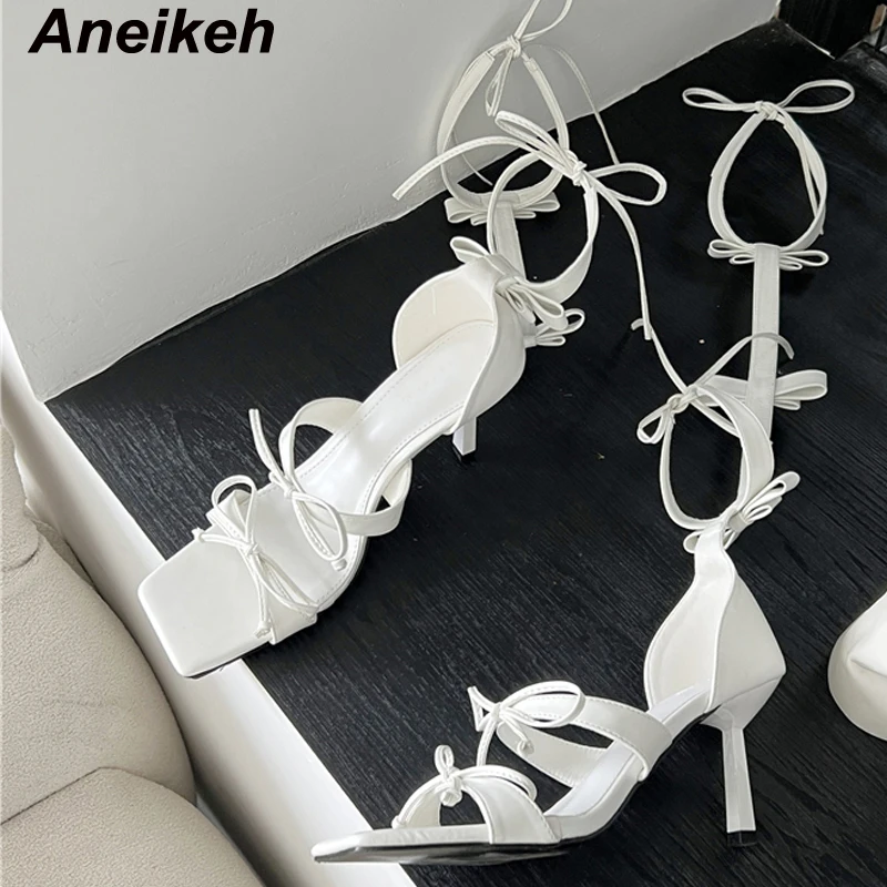 

Aneikeh 2023 Women Butterfly Knot Open Toe High Heel Sandals Summer Cover Heel Lace-Up Roman Shoes Fashion Nightclub Party 35-39