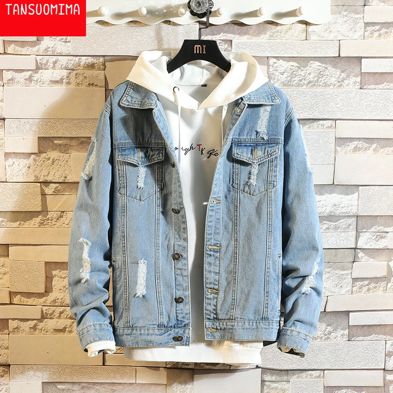 

Fashion 2022 Spring Autumn New Men's Denim Jacket Jacket Korean Style Trend Youth Ripped Lapel Teenagers Jacket