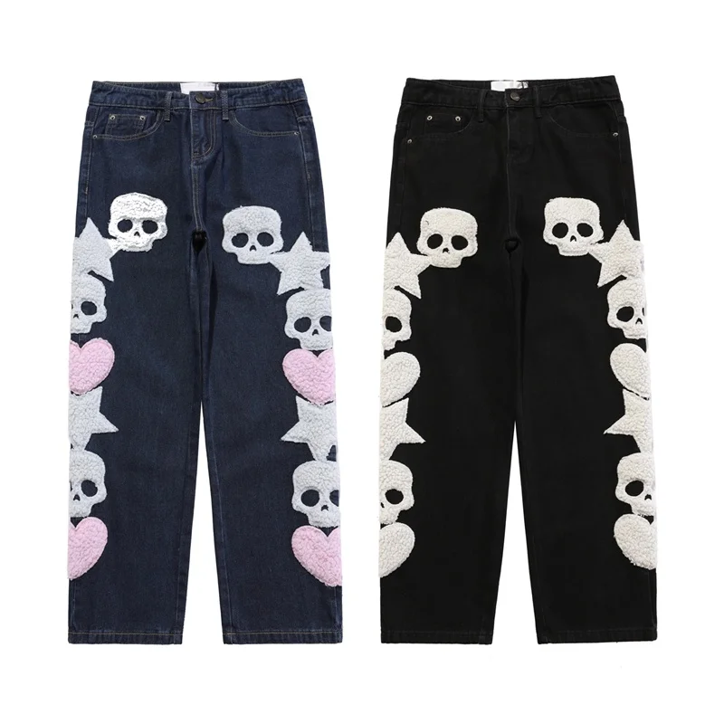 

Hip Hop Jeans Pants Streetwear Mens Vintage Embroidered Skull Star Baggy Denim Jeans Harajuku Casual Denim Trousers Black Blue