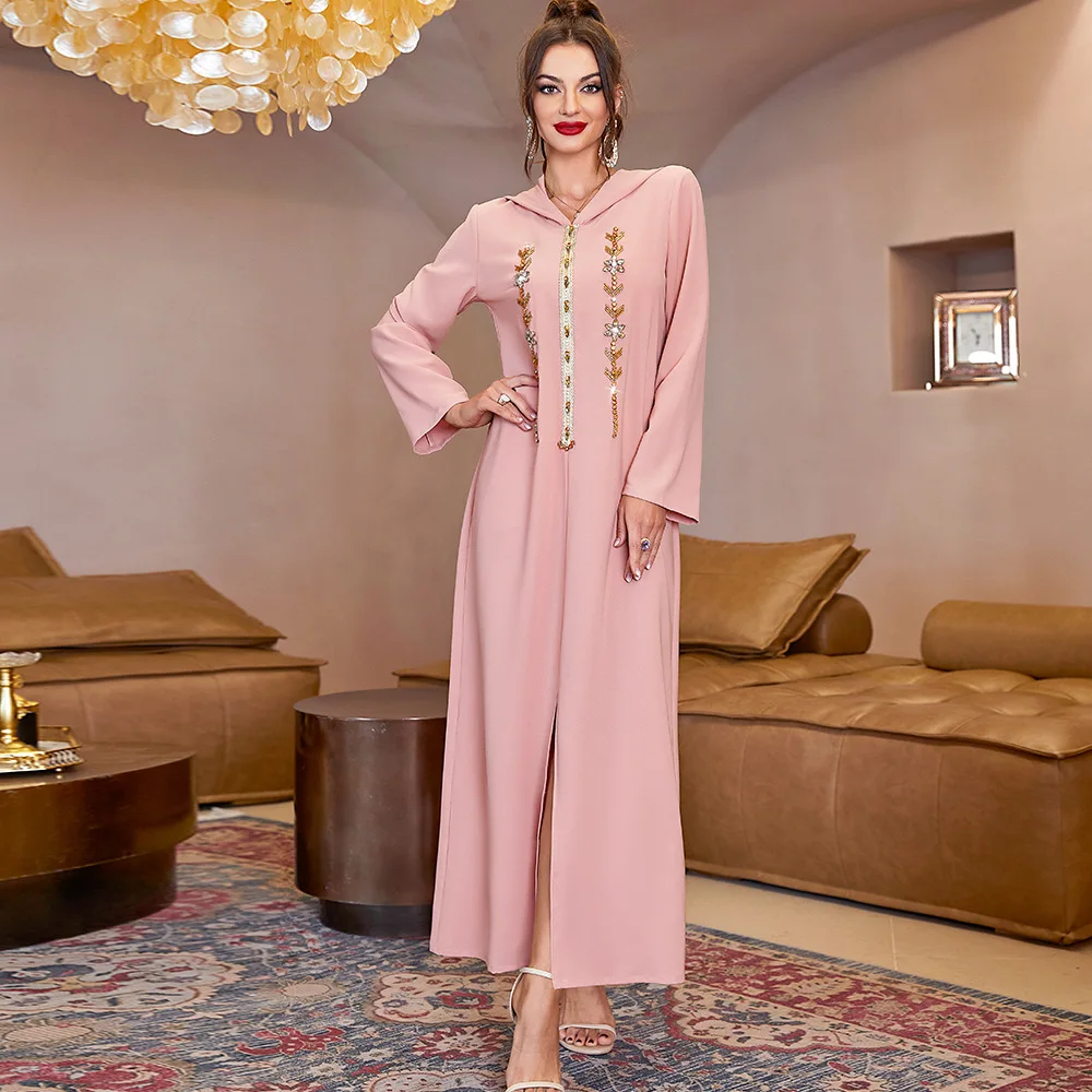 

Eid Ramadan Pakistani Arab women's evening dress pink hooded dress handmade diamond plain kimono Muslim Islamic Egyptian robe