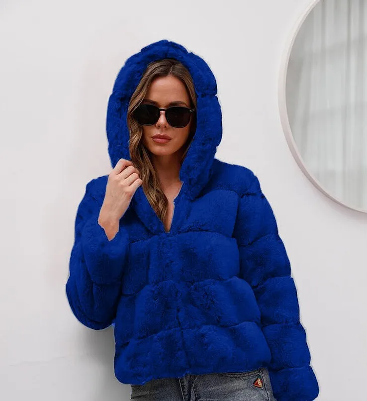 2022 Autumn Winter Fashion Short Solid Color Loose Horizontal Hooded Coat Imitation Fur Warm Coat Faux Fur Coat Free Shipping