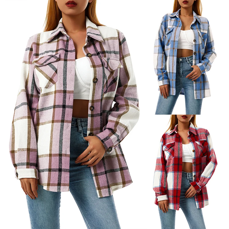 

11 Colors Autumn Women Shirts Contrast-Color Plaid Turn-Down Collar Long Sleeves Button-Open Loose Shirt Harajuku Clothing