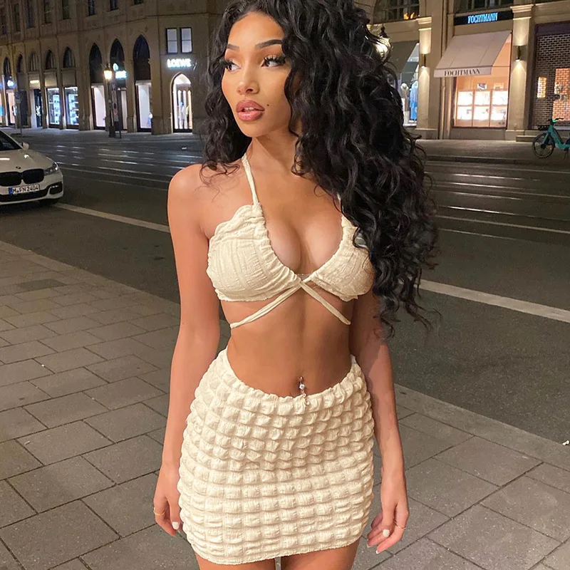 

Europe and the United States 2023 summer explosive new lace-up halter halter skirt bubble casual suit female
