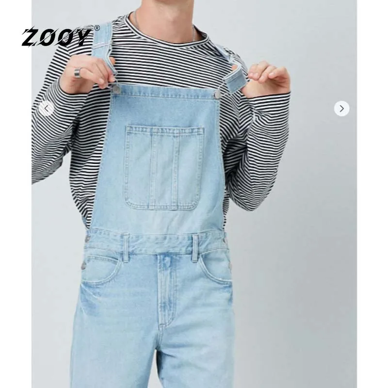 Men Jumpsuit Luxury Jeans Mens Bottoms Asian Streetwear Korean Man Fashion Loose Solid Denim Bodysuit Straight Pants Daily Wear