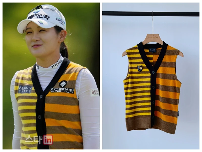 

Pearly gate Golf Women's Knitted Vest Color Contrast Horizontal Stripe V-Neck Single breasted Elastic Golf Vest