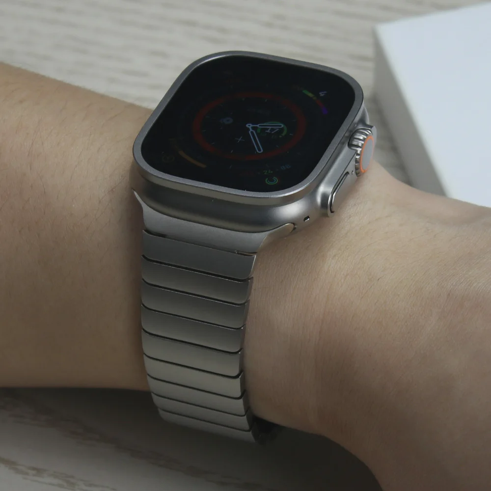 Stainless Steel Watch Band for Apple Watch Ultra 49mm Screen Protect Glass + Titanium Color Butterfly Link Bracelet 49mm Strap