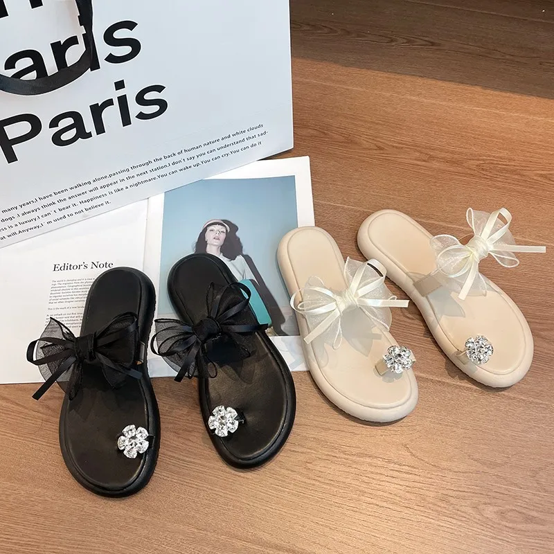 Diamond Toe Socket Slippers Sandals Women 2023 Summer New Bow Flat Slipper Platform Sandalias Flip Flops Pantuflas Chinelos