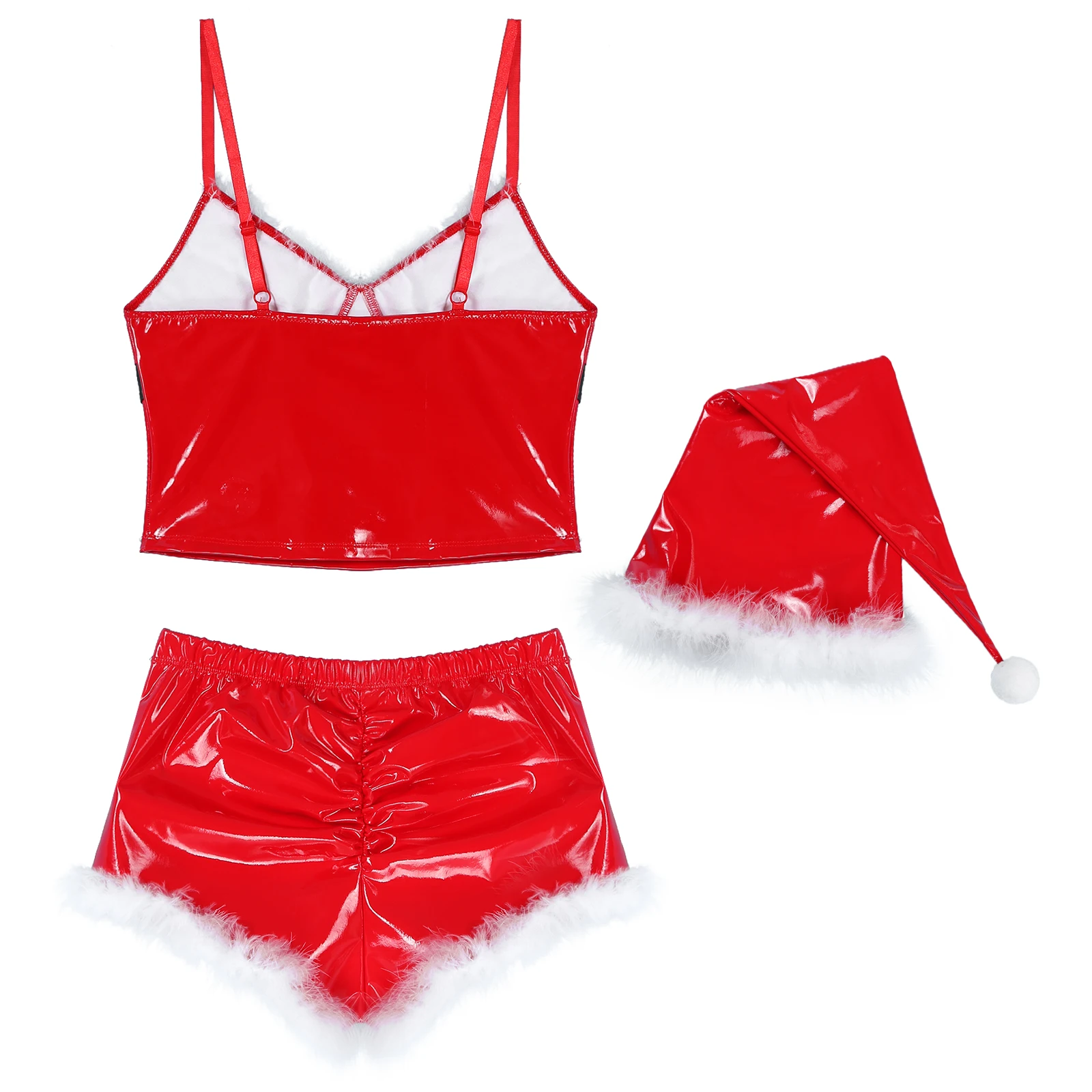 Tiaobug Womens Santa Claus 3Pcs V Neck Sleeveless Crop Tops Low Rise Booty Shorts Hat with White Feather Trim Christmas Costumes |