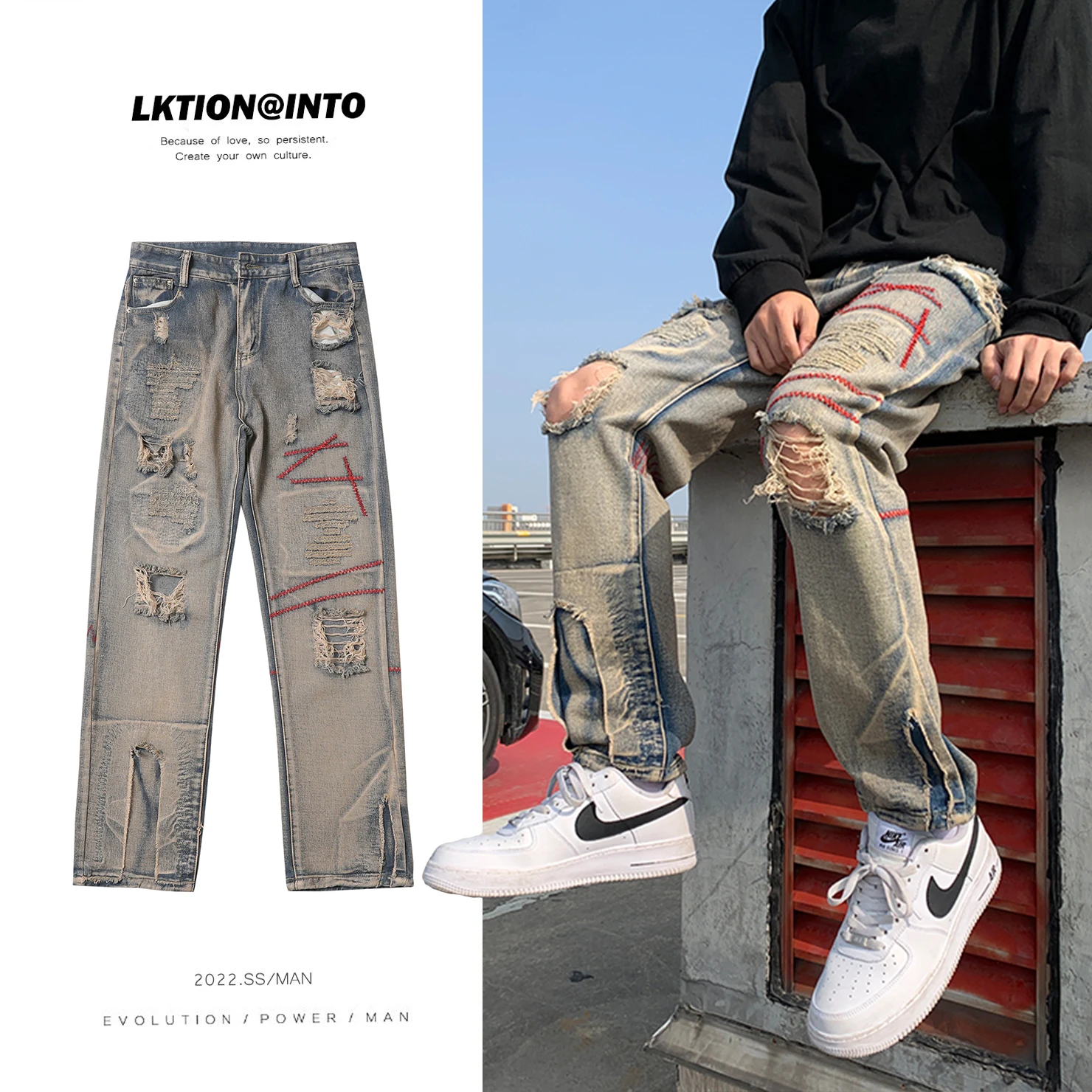 

2022 New Jeans Men's Letter Embroidery Ripped Holes Straight Retro Punk Pants Fashionable Hip-hop Y2k Jeans Men Streetwear