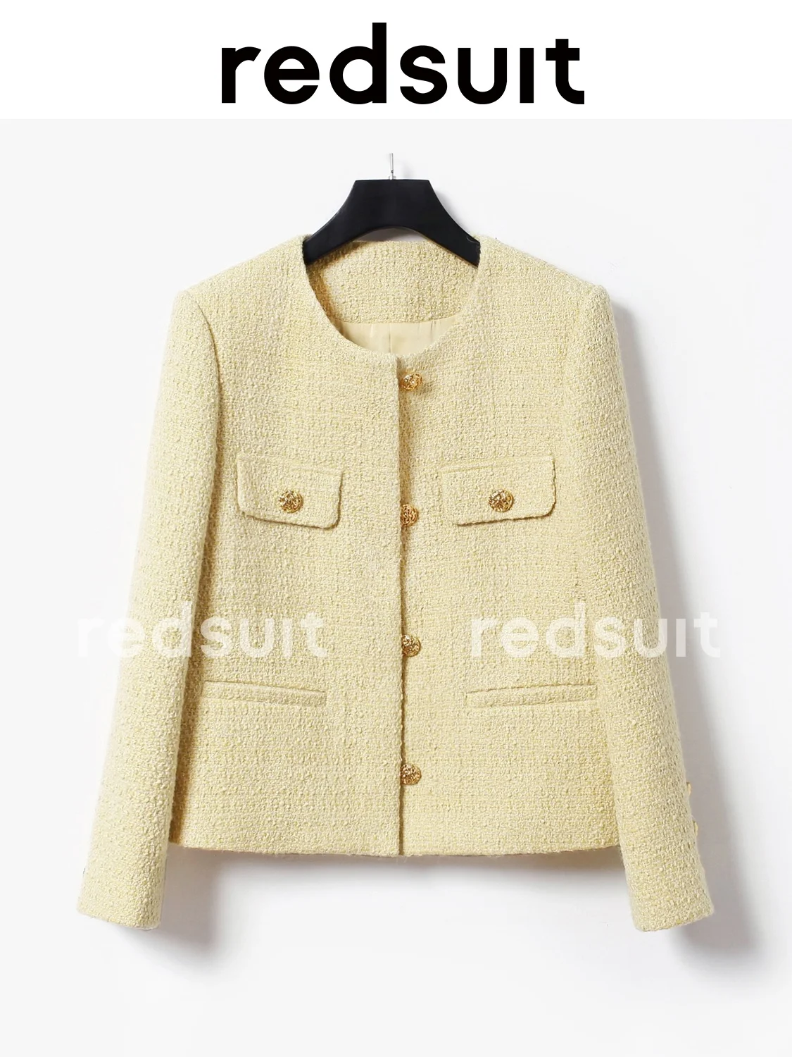 Fresh Tweed Braided Small Fragrance Coat Round Neck Metal Buckle Stylish Yellow Shirt with Long Sleeves