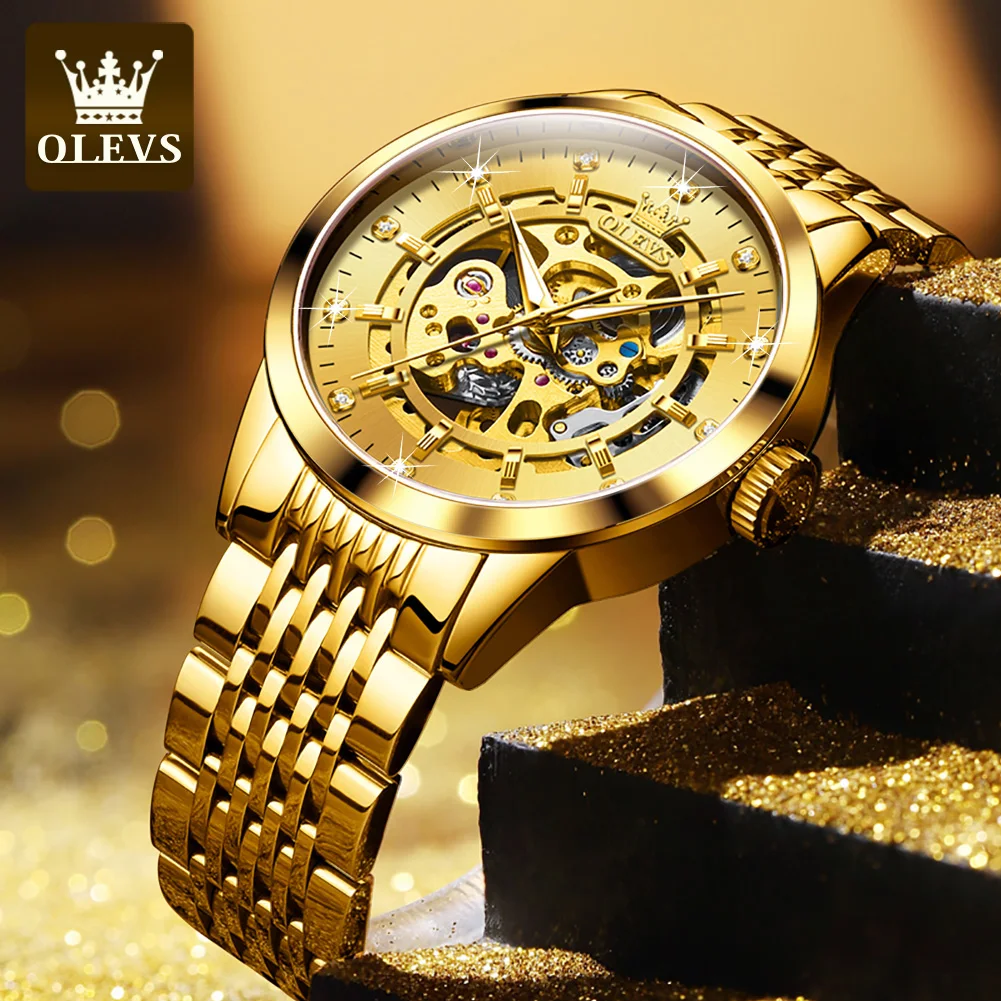

OLEVS Watch Men Skeleton Automatic Mechanical Watch Gold Hollow Vintage Man Watch Mens Watches Top Brand Luxury часы мужские