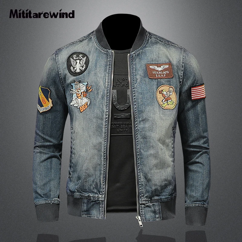 

Patch Design Jeans Jacket Men Fashion Slim Fit Embroidery Badge Denim Jacket Men Moto&biker Varsity Jacket Jean Coat For Men