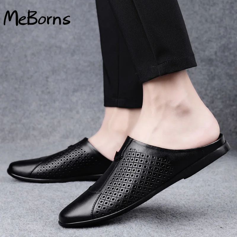 

Mens Slippers Genuine Leather Breathable Half Drag Men Shoes Luxury Loafers Summer Outdoor Slippers Casual Flats Brown Men Shoes