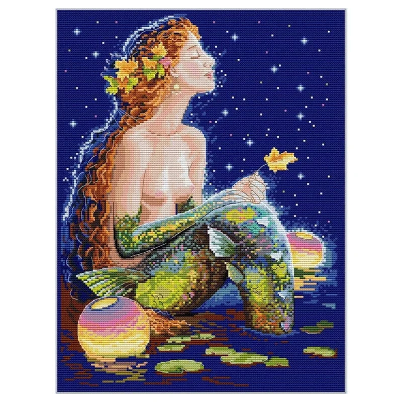 

Cross Stitch Kits Stamped Embroidery Starter Kits For Beginners DIY 11CT 3 Strands - Mermaid Under The Stars