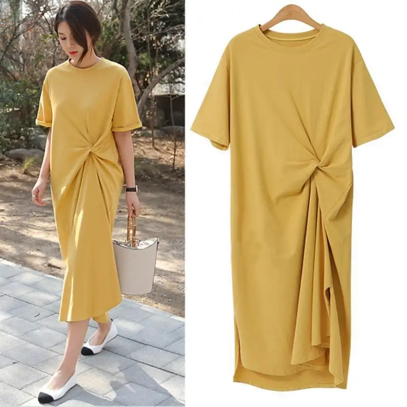 

Yeezzi 2022 New Fashion Woman Daily Dresses Original Solid Color Irregularity Pleats Short Sleeves Long Midi Dress for Women