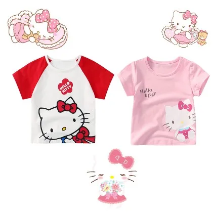 

2Pcs Kawaii Hello Kitty Anime Cartoon Children Wear Girls Pure Cotton Round Neck Short Sleeve T Shirt Cute Top Home Half Sleeve