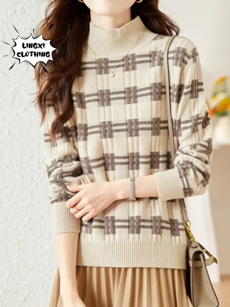 

2023 Autumn/Winter New Fashion Sweater Loose Casual Short Striped Pullover Colored Soft Half High Neck Warm Elegant Knit