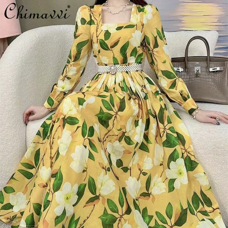 

Fashion Square Collar Long Sleeve Floral Swing Dress Female 2022 Summer New High Waist Slimming Pleated Dress for Women