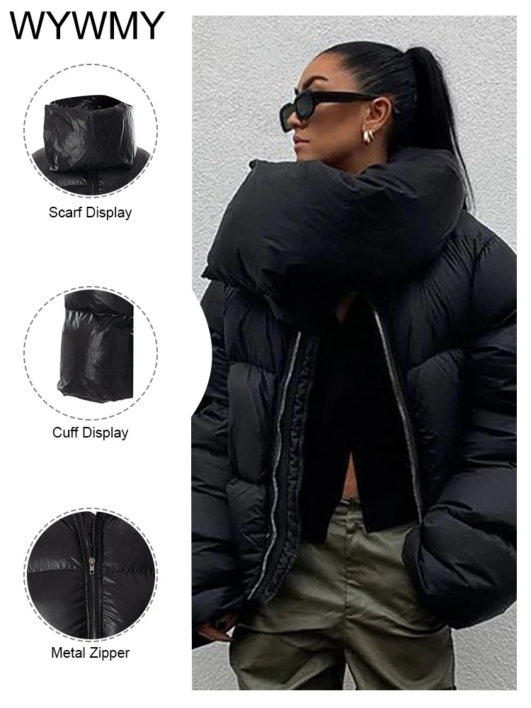 WYWMY Winter Scarf Collar Puffer Short Jackets Women 2022 Oversized Black Bubble Coats High Street Outwear Casual Zipper Parkas