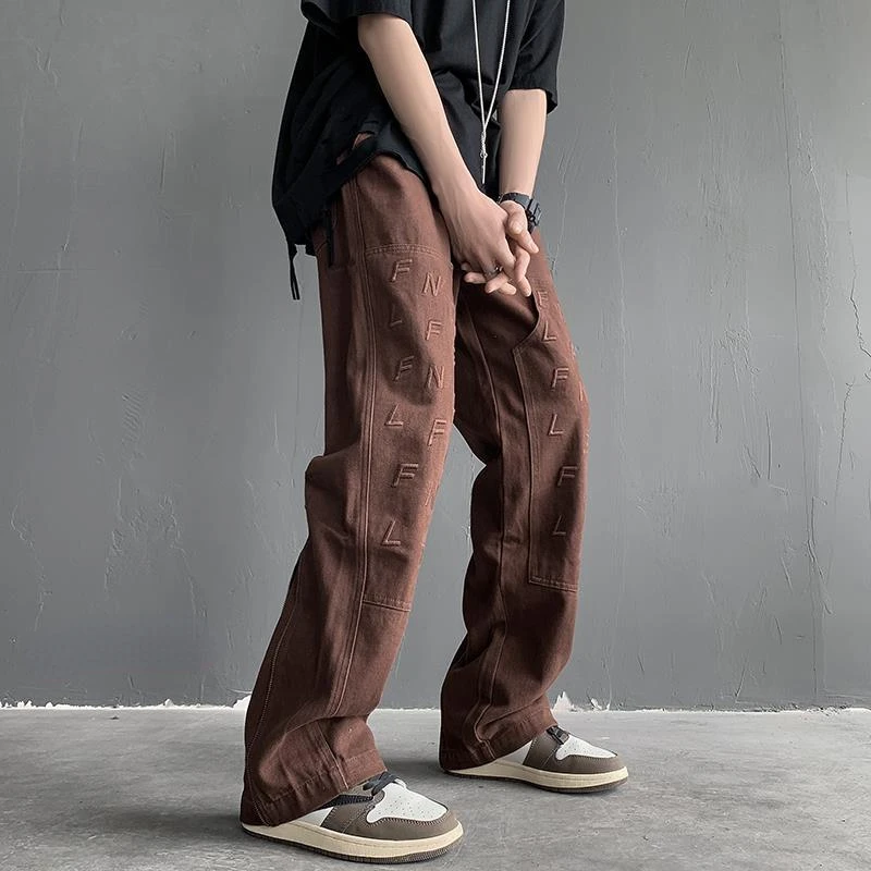 Brown Coffee Color Overalls Trend American Jeans Men's Street High Street Pants Design Sense Straight Casual Trousers Streetwear