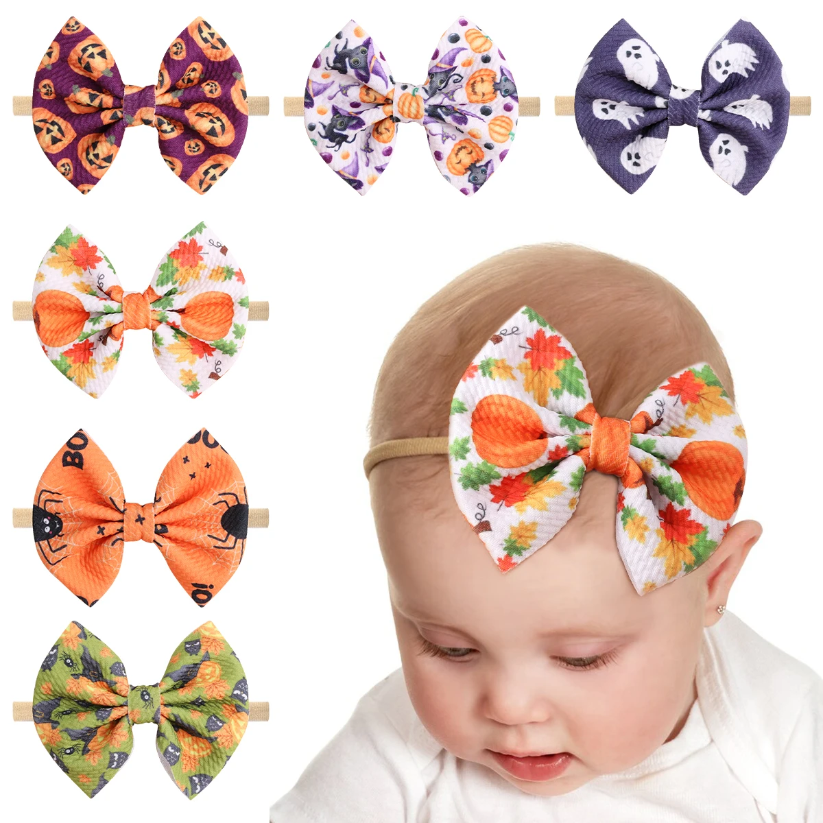 

1PC Halloween Bows Elastic Hair Ties Headbands For Baby Girls Pumpkin Spider Hair Rope Children Party Hairbands Hair Accessories