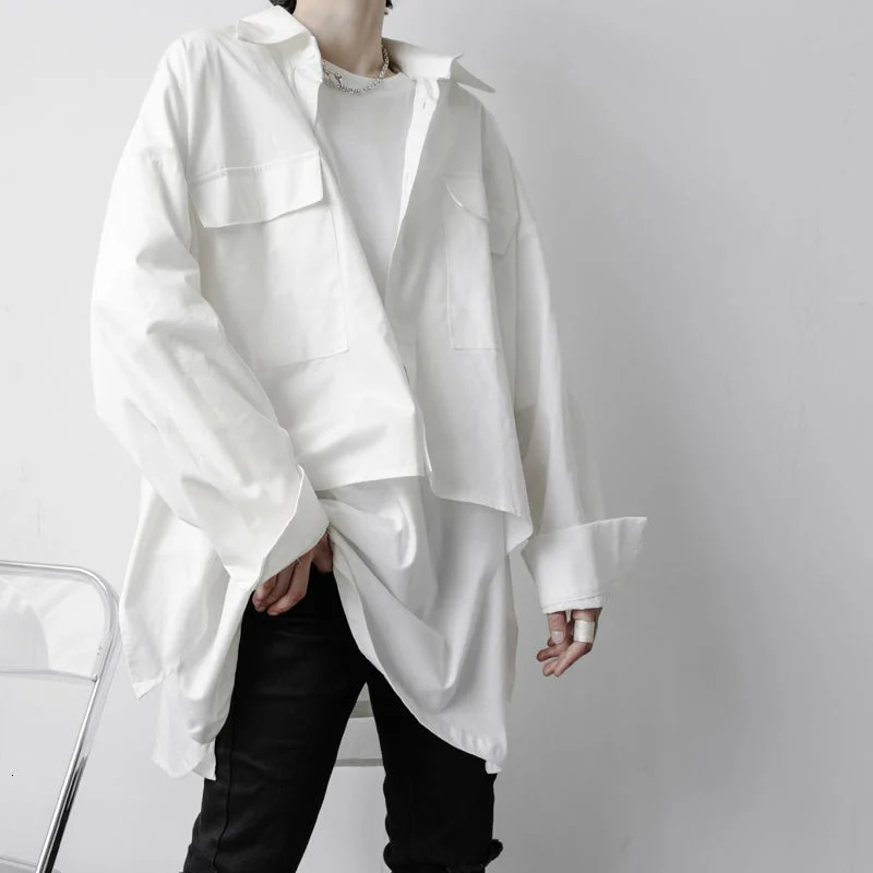 Мужская свободная рубашка с длинным рукавом повседневная однотонная черная