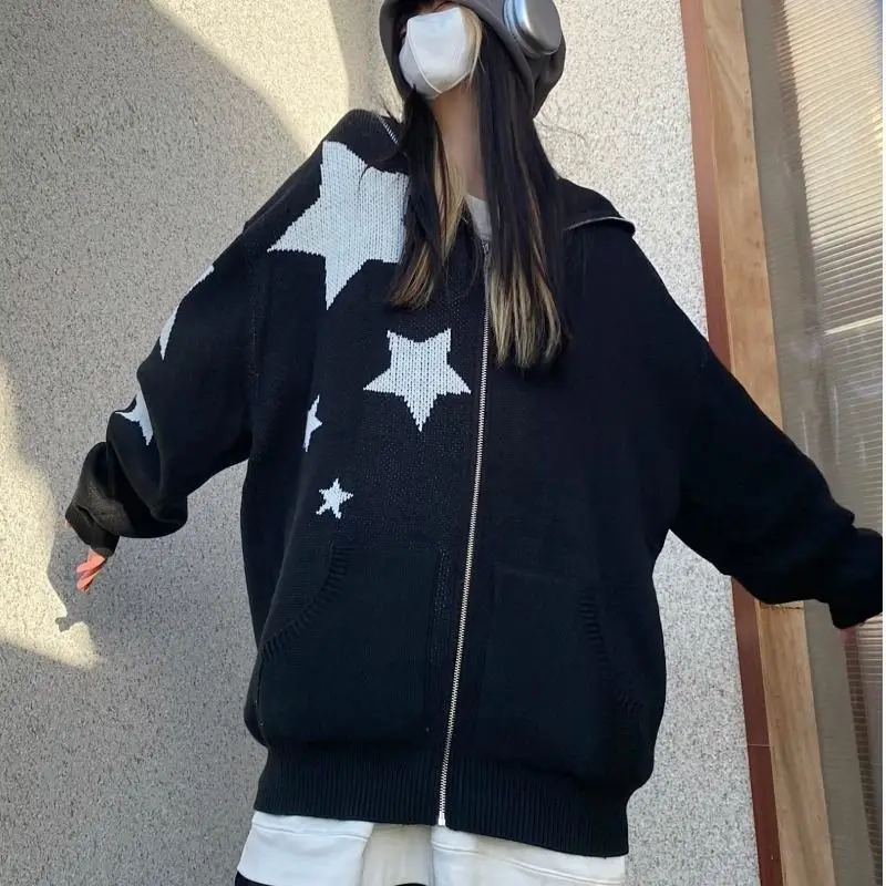 Internet Celebrity national Cardigan Sweater American retro star design knitted sweater female ins tide autumn hooded jacket