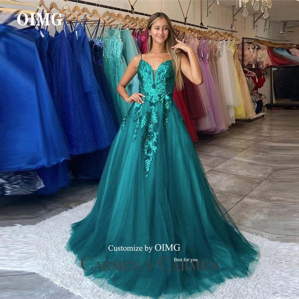 

OIMG Spaghetti Straps Green Tulle Long Prom Dresses Lace Aplique Evening Gowns Party Dress16 Sweet Girls Quinceanera Dress