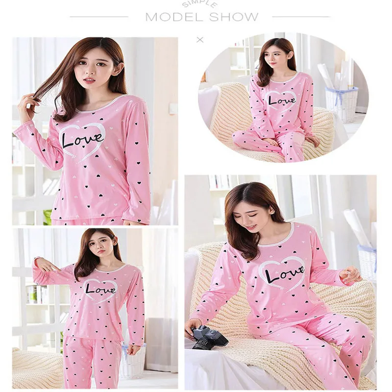 

Women Autumn Winter Pajamas Set Cartoon Printed Long-sleeved Love Heart Print O-neck Pajamas+Sleep Pants Sleepwear