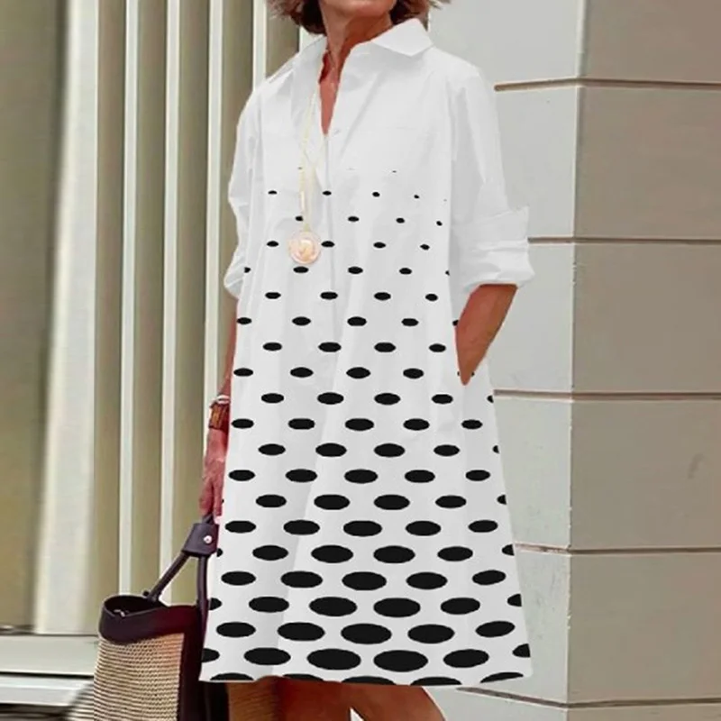 

2023 Spring Simple White Solid Dress Fashion Turn-down Collar Shirt Dress New Female Casual Long Sleeves Pocket Ladies Dresses