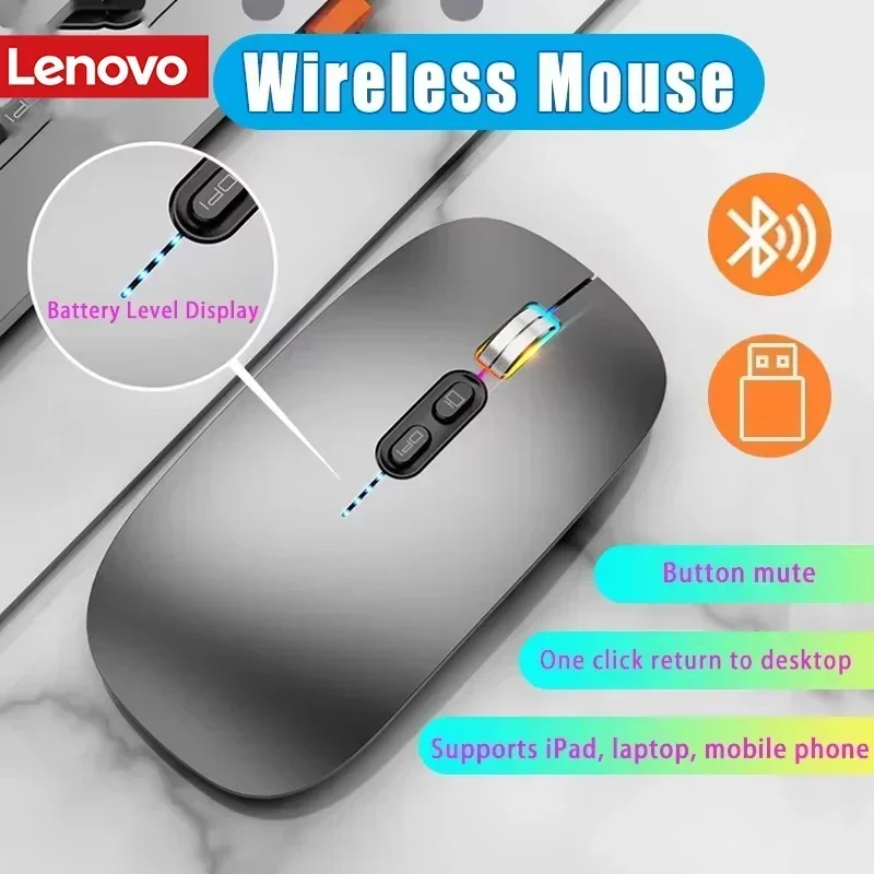Фото Беспроводная мышь Lenovo, ультратонкая, 3 режима, 2,4G USB и 2 Bluetooth, индикатор заряда, эргономичная, перезаряжаемая, бесшумная, для ПК и ноутбуков №1