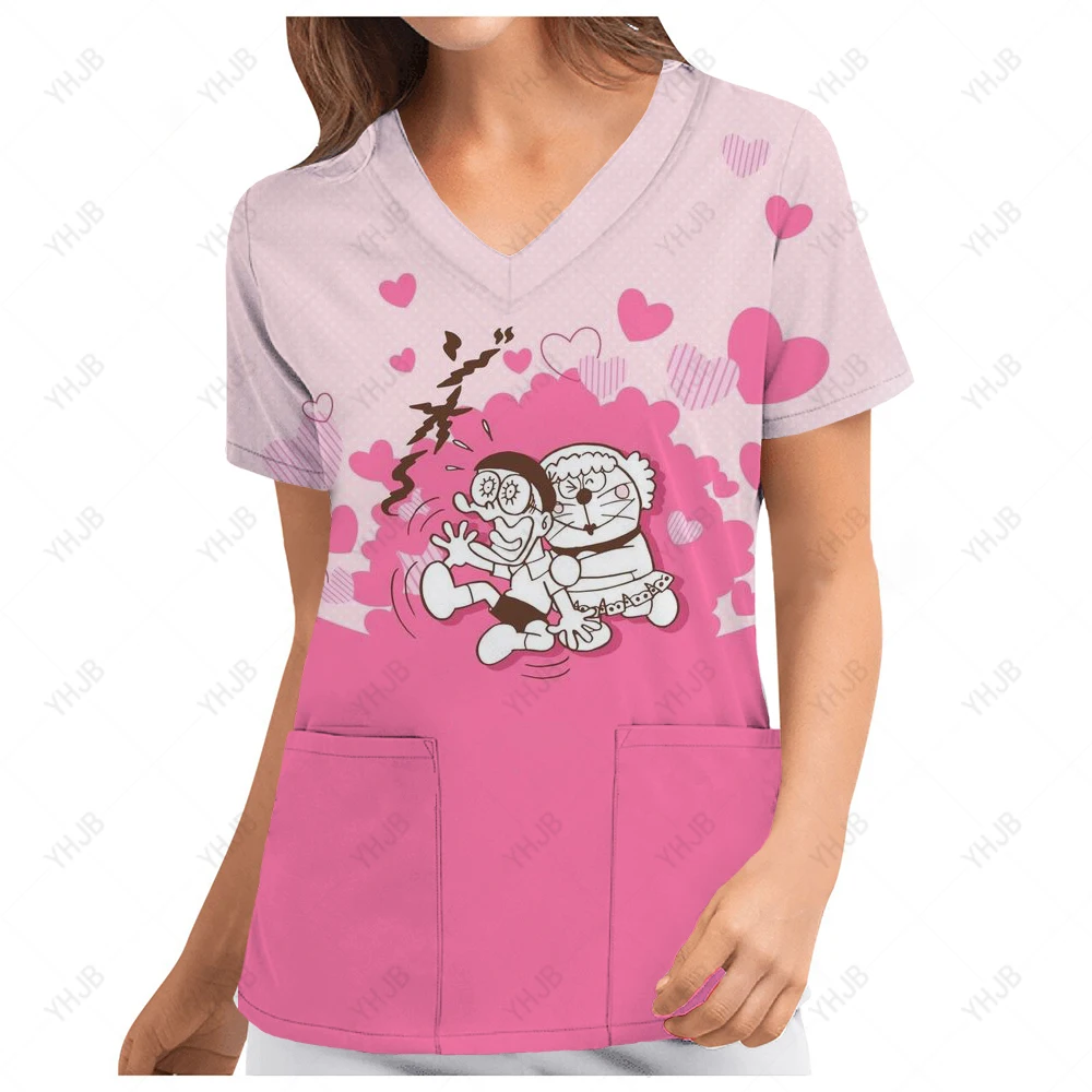 

Nurse Uniform Women Short Sleeve V-neck Tops Working Uniform Doraemon Print Pocket Blouse Overalls Nurse Uniforme Clinico